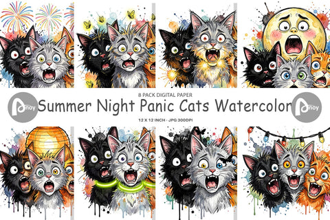 Digital Paper Summer Night Panic Cats Watercolor Digital Pattern artnoy 