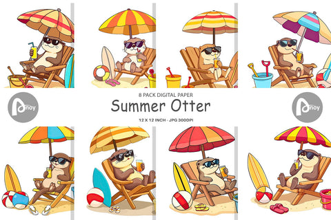 Digital Paper Summer Otter Digital Pattern artnoy 