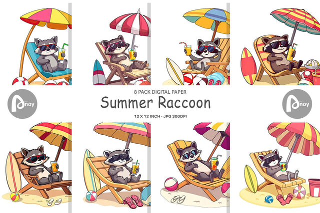 Digital Paper Summer Raccoon Digital Pattern artnoy 
