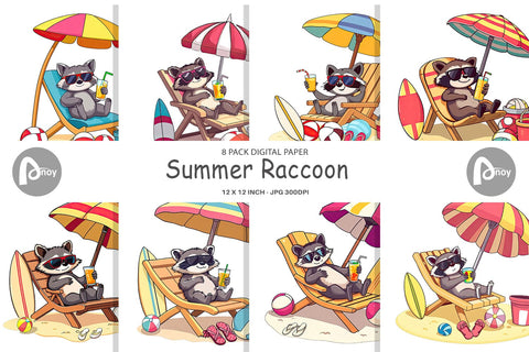Digital Paper Summer Raccoon Digital Pattern artnoy 