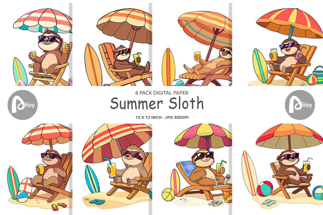Digital Paper Summer Sloth Digital Pattern artnoy 