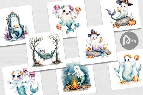Digital Paper Summerween Ghost Mermaids Digital Pattern artnoy 
