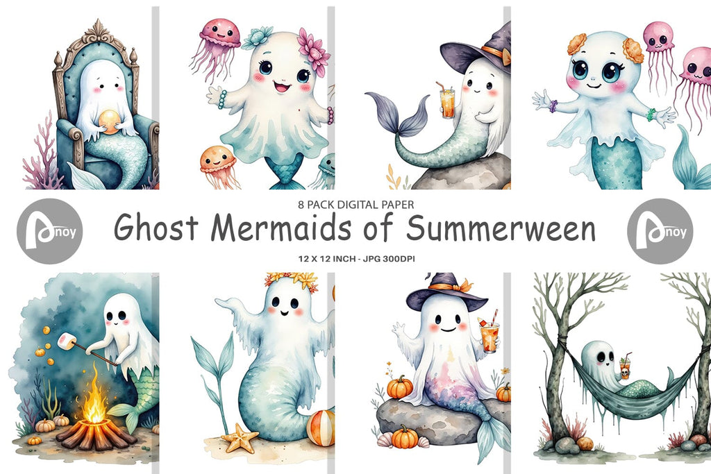 Digital Paper Summerween Ghost Mermaids - So Fontsy