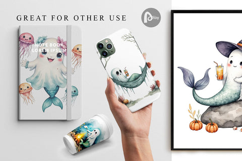 Digital Paper Summerween Ghost Mermaids Digital Pattern artnoy 