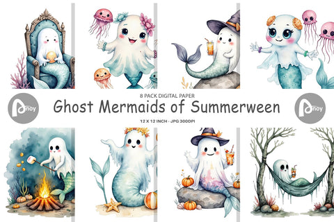 Digital Paper Summerween Ghost Mermaids Digital Pattern artnoy 