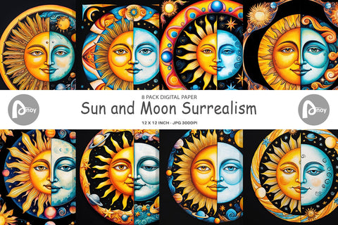 Digital Paper Sun and Moon Surrealism Digital Pattern artnoy 