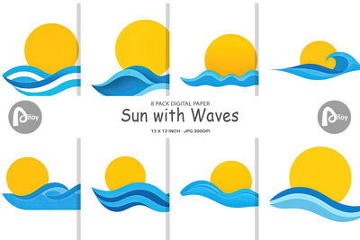 Digital Paper Sun and Waves Digital Pattern artnoy 