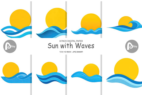 Digital Paper Sun and Waves Digital Pattern artnoy 