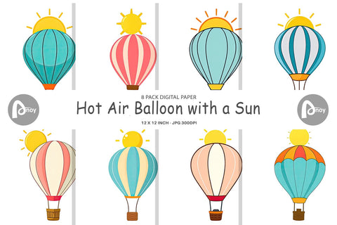 Digital Paper Sun Hot Air Balloon Digital Pattern artnoy 