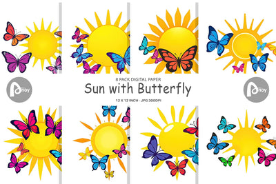 Digital Paper Sun with Butterfly Digital Pattern artnoy 