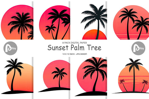 Digital Paper Sunset Palm Tree Digital Pattern artnoy 