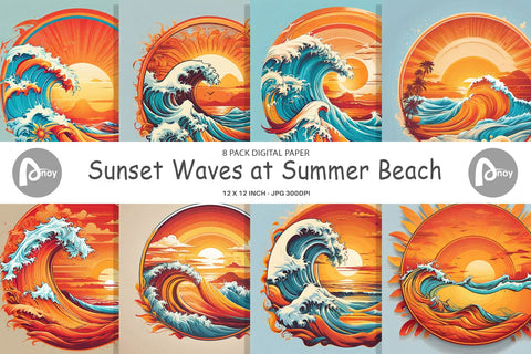 Digital Paper Sunset Waves Beach Digital Pattern artnoy 