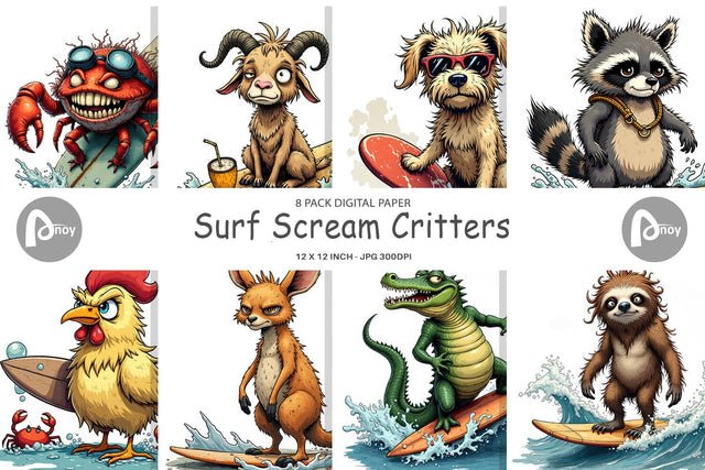 Digital Paper Surf Scream Critters Digital Pattern artnoy 