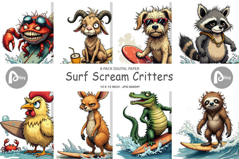 Digital Paper Surf Scream Critters Digital Pattern artnoy 