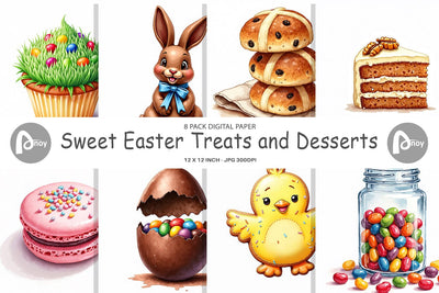 Digital Paper Sweet Easter Treats and Desserts Watercolor Digital Pattern artnoy 