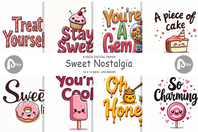 Digital Paper Sweet Nostalgia Retro Kawaii Dessert Quote Digital Pattern artnoy 