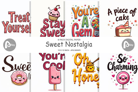 Digital Paper Sweet Nostalgia Retro Kawaii Dessert Quote Digital Pattern artnoy 