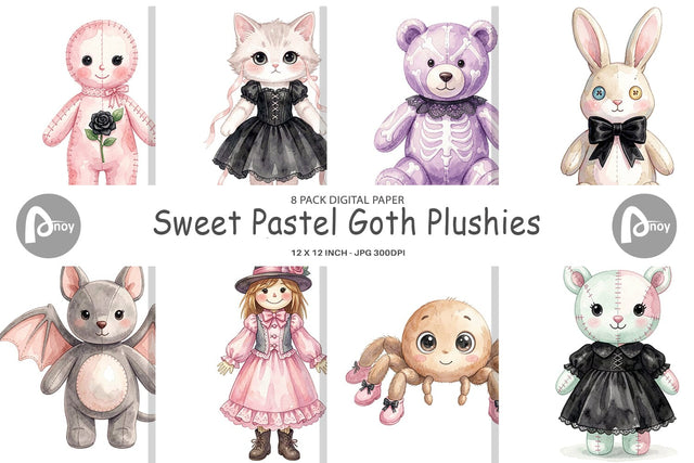 Digital Paper Sweet Pastel Goth Plushies Digital Pattern artnoy 