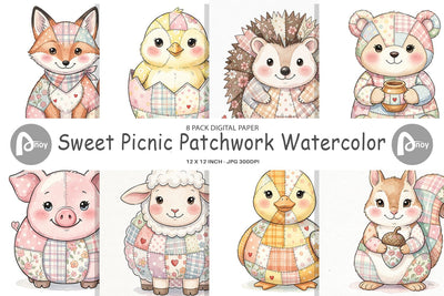 Digital Paper Sweet Picnic Patchwork Watercolor Digital Pattern artnoy 