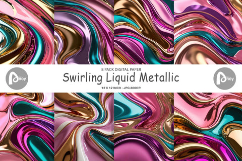 Digital Paper Swirling Liquid Metallic Digital Pattern artnoy 