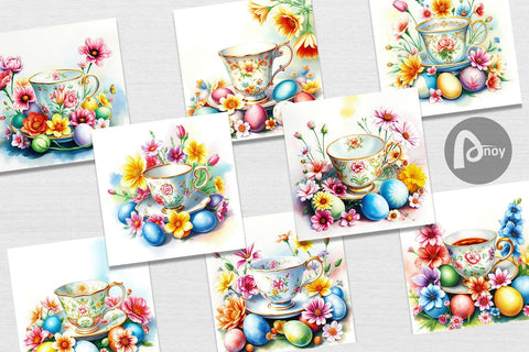 Digital Paper Tea Cup Easter Eggs Digital Pattern artnoy 