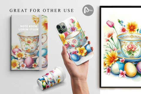 Digital Paper Tea Cup Easter Eggs Digital Pattern artnoy 