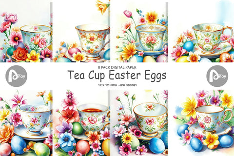Digital Paper Tea Cup Easter Eggs Digital Pattern artnoy 