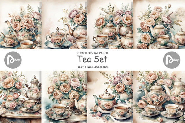 Digital Paper Tea Set Digital Pattern artnoy 