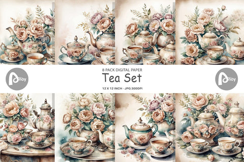 Digital Paper Tea Set Digital Pattern artnoy 