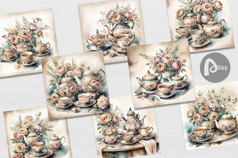 Digital Paper Tea Set Digital Pattern artnoy 
