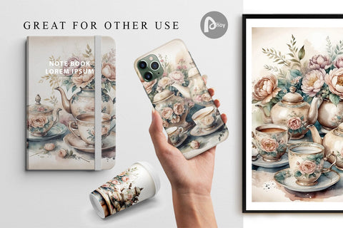 Digital Paper Tea Set Digital Pattern artnoy 