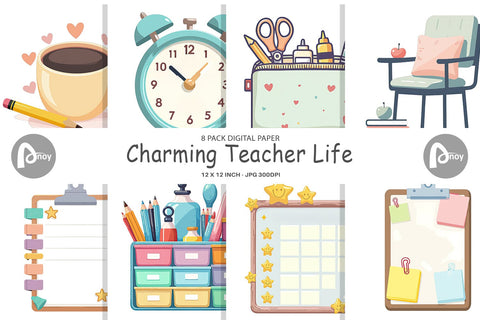 Digital Paper Teacher Life Charm Digital Pattern artnoy 