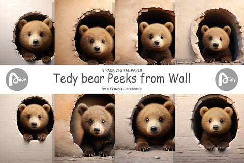 Digital Paper Tedy bear Peeks from Wall Digital Pattern artnoy 