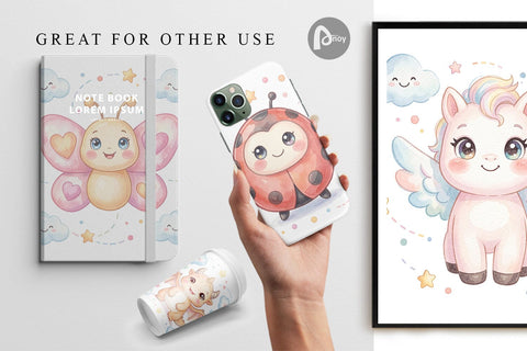 Digital Paper Tiny Winged Baby Animal Watercolor Digital Pattern artnoy 