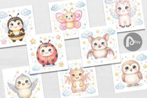 Digital Paper Tiny Winged Baby Animal Watercolor Digital Pattern artnoy 
