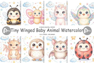 Digital Paper Tiny Winged Baby Animal Watercolor Digital Pattern artnoy 