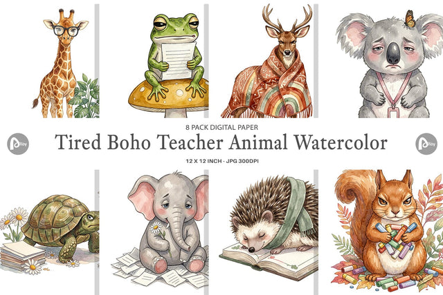 Digital Paper Tired Boho Teacher Animal Watercolor Digital Pattern artnoy 