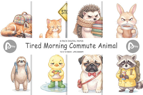 Digital Paper Tired Morning Commute Animal Digital Pattern artnoy 