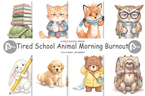 Digital Paper Tired School Animal Morning Burnout Digital Pattern artnoy 