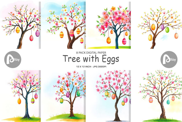 Digital Paper Tree with Eggs Digital Pattern artnoy 