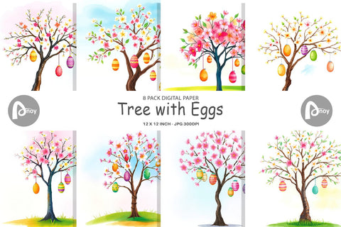 Digital Paper Tree with Eggs Digital Pattern artnoy 
