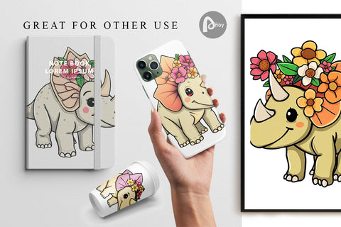 Digital Paper Triceratops with Flowers Digital Pattern artnoy 