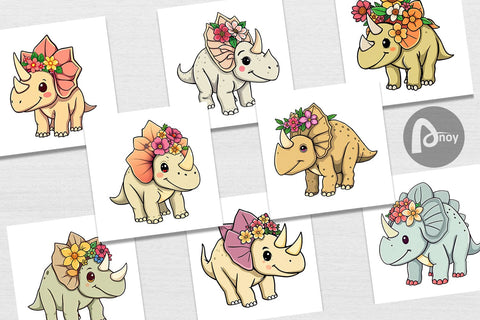 Digital Paper Triceratops with Flowers Digital Pattern artnoy 