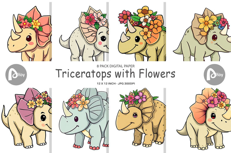 Digital Paper Triceratops with Flowers Digital Pattern artnoy 
