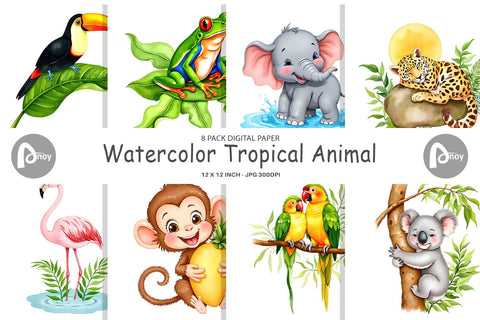 Digital Paper Tropical Animals Watercolor Digital Pattern artnoy 