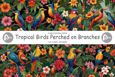 Digital Paper Tropical Birds Perched Digital Pattern artnoy 
