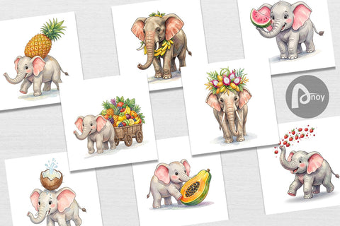 Digital Paper Tropical Fruit Elephant Watercolor Digital Pattern artnoy 