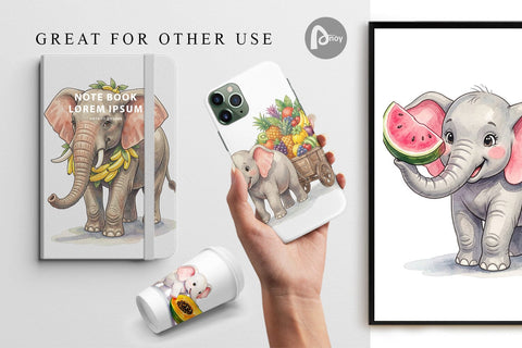 Digital Paper Tropical Fruit Elephant Watercolor Digital Pattern artnoy 