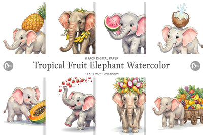 Digital Paper Tropical Fruit Elephant Watercolor Digital Pattern artnoy 