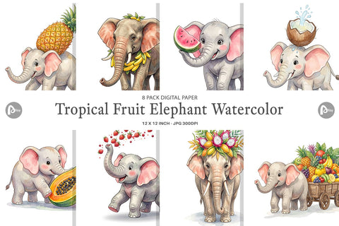 Digital Paper Tropical Fruit Elephant Watercolor Digital Pattern artnoy 